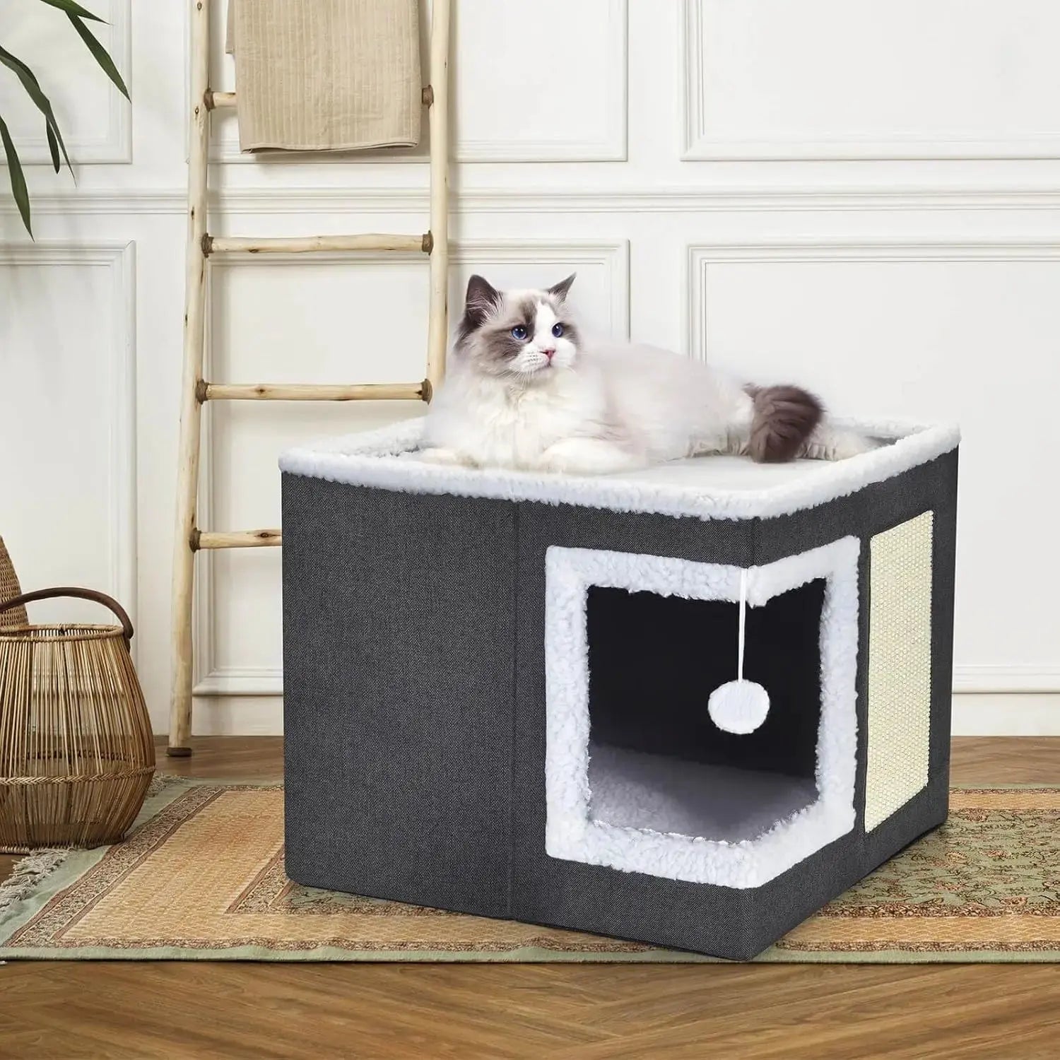 Katzenbett für Hauskatzen, großes Katzenhaus mit Kratzpolster, faltbares Katzenhöhlenbett und Versteckwürfel mit umkehrbarem Kissen Fellnasenliebe123