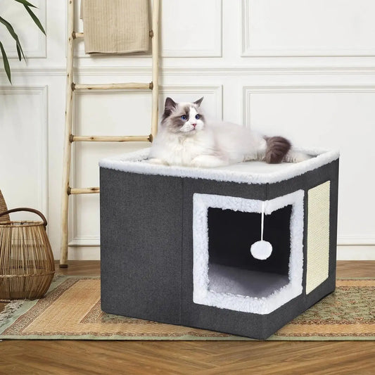 Katzenbett für Hauskatzen, großes Katzenhaus mit Kratzpolster, faltbares Katzenhöhlenbett und Versteckwürfel mit umkehrbarem Kissen Fellnasenliebe123
