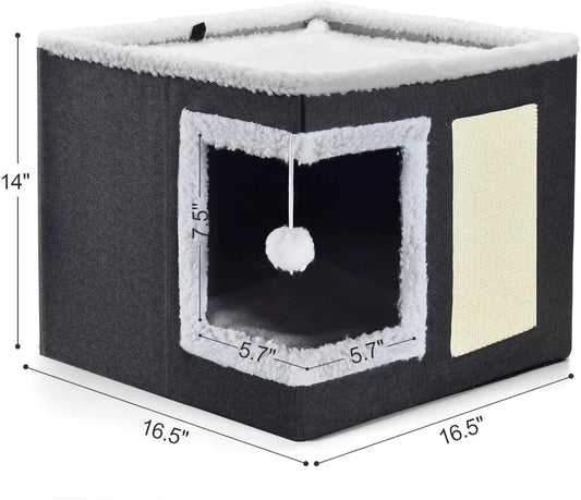 Katzenbett für Hauskatzen, großes Katzenhaus mit Kratzpolster, faltbares Katzenhöhlenbett und Versteckwürfel mit umkehrbarem Kissen Fellnasenliebe123