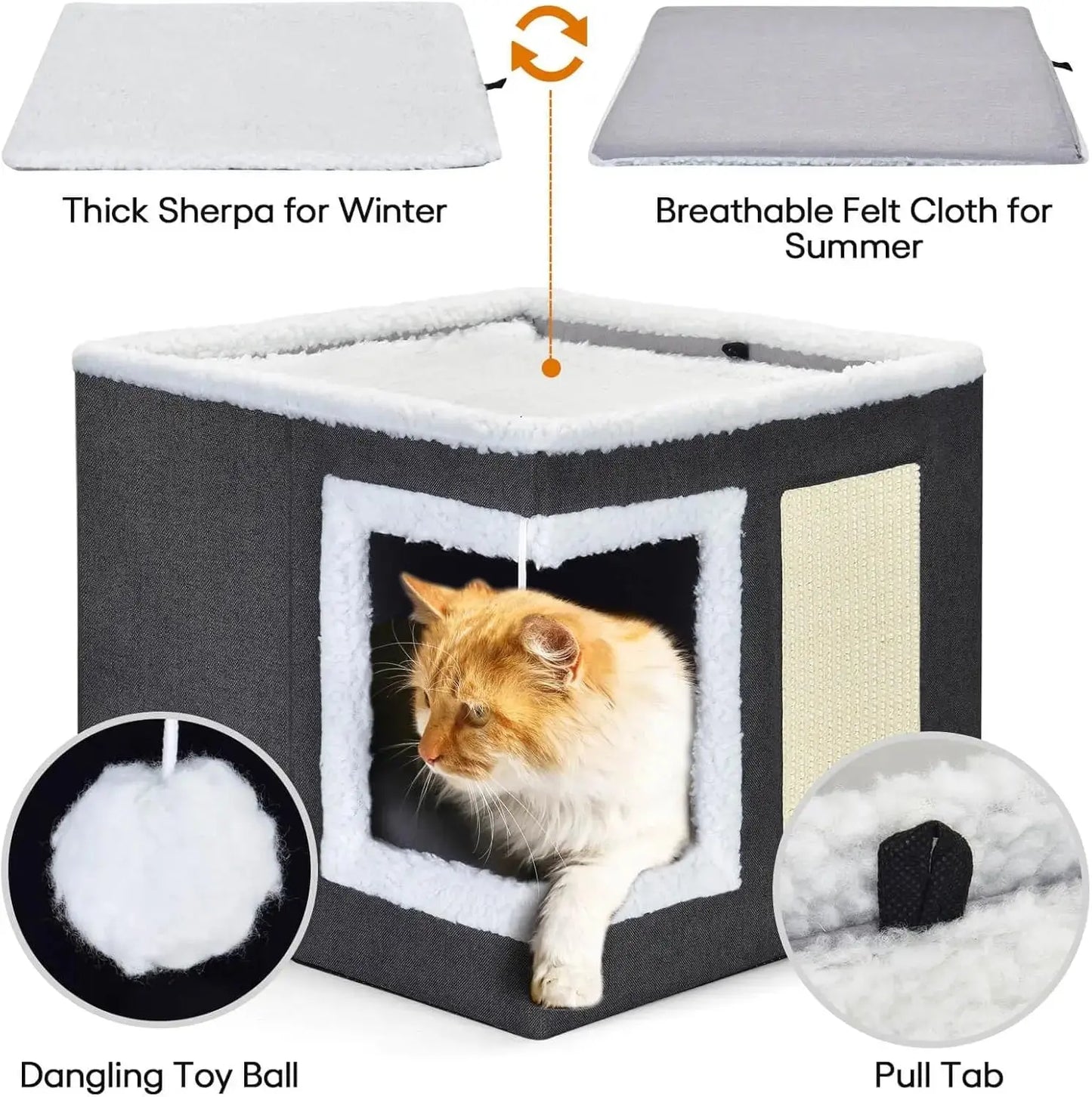 Katzenbett für Hauskatzen, großes Katzenhaus mit Kratzpolster, faltbares Katzenhöhlenbett und Versteckwürfel mit umkehrbarem Kissen Fellnasenliebe123