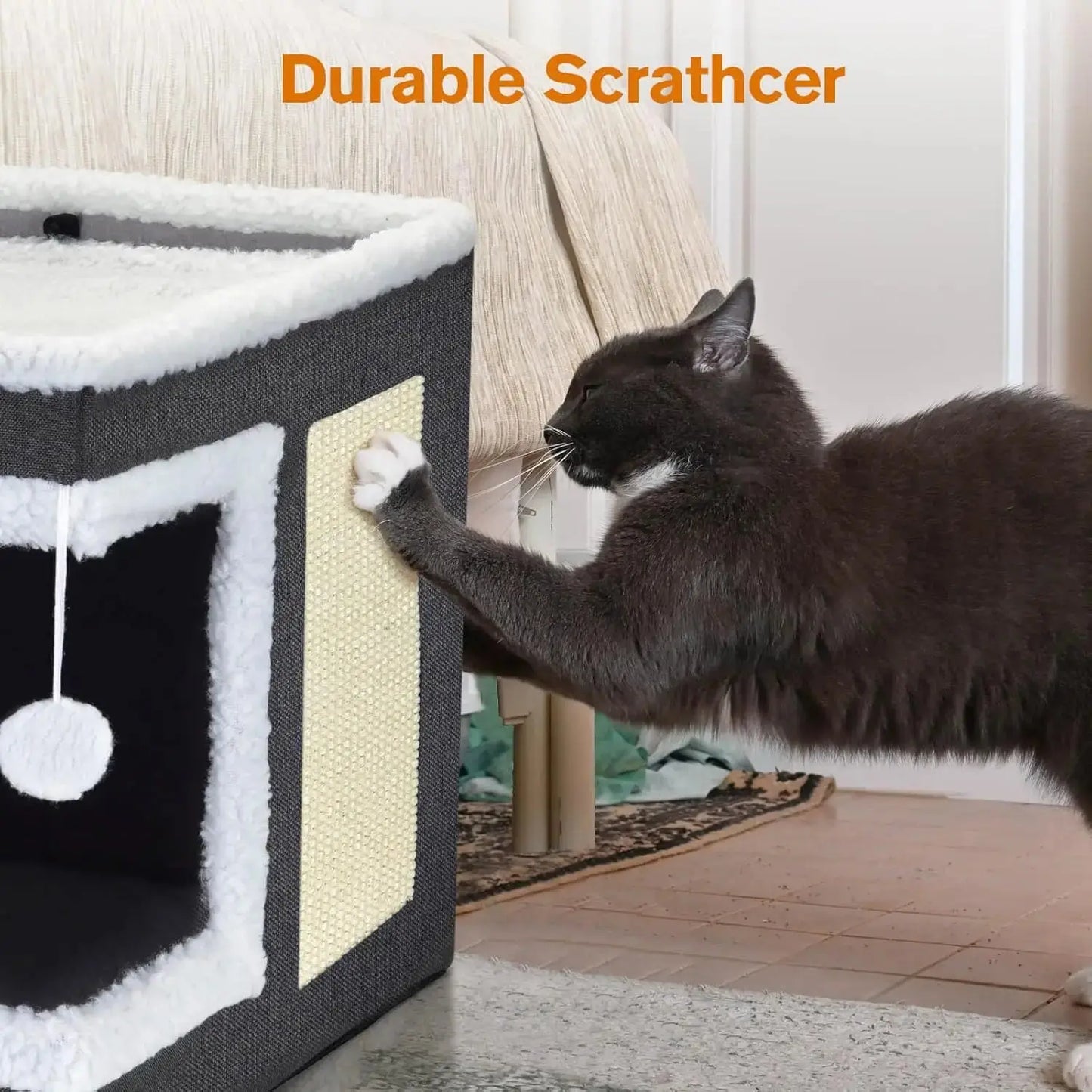 Katzenbett für Hauskatzen, großes Katzenhaus mit Kratzpolster, faltbares Katzenhöhlenbett und Versteckwürfel mit umkehrbarem Kissen Fellnasenliebe123