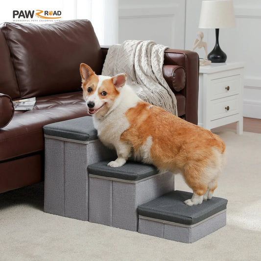 3-stufige Hundetreppe, faltbare Haustier-Treppe mit Aufbewahrungsbox, höhenverstellbare Hundetufen für kleine alte Hunde und Katzen, rutschfeste Haustierrampe für den Innenbereich Fellnasenliebe123