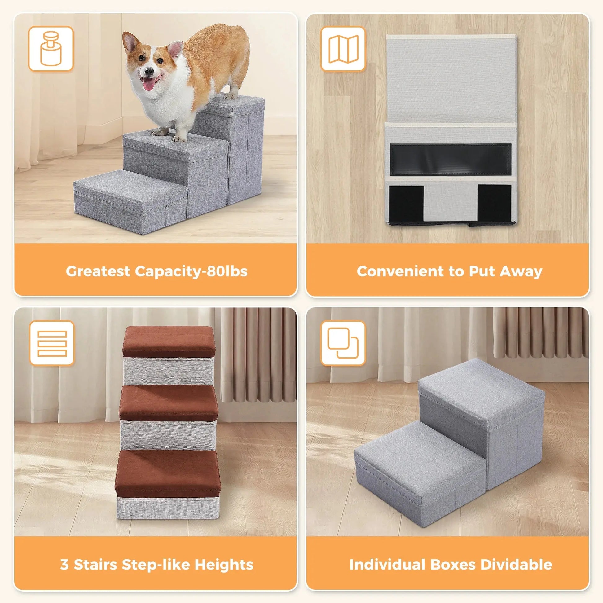 3-stufige Hundetreppe, faltbare Haustier-Treppe mit Aufbewahrungsbox, höhenverstellbare Hundetufen für kleine alte Hunde und Katzen, rutschfeste Haustierrampe für den Innenbereich Fellnasenliebe123