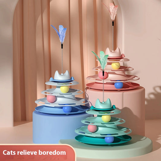 Katze Spielzeug Vier-schicht Rotierenden Track Ball Feder Stick Interaktive Für Katzen Spielzeug Raum Turm spiel bord Katze Spielzeug pet liefert Fellnasenliebe123