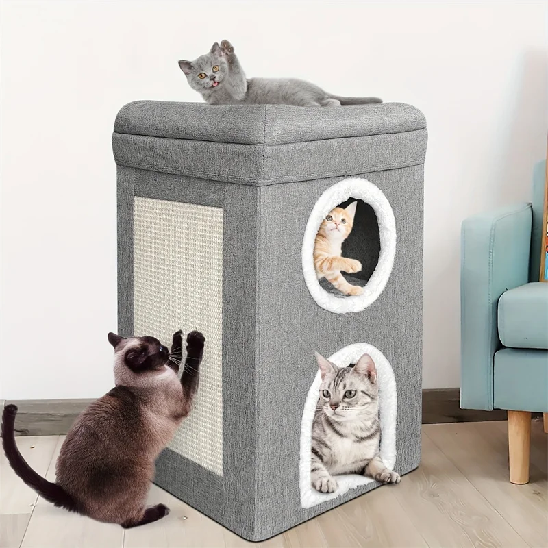 Premium Katzenhaus 3-stöckig mit Kratzbaum und Spielzeug - Gemütliche Katzenhöhle