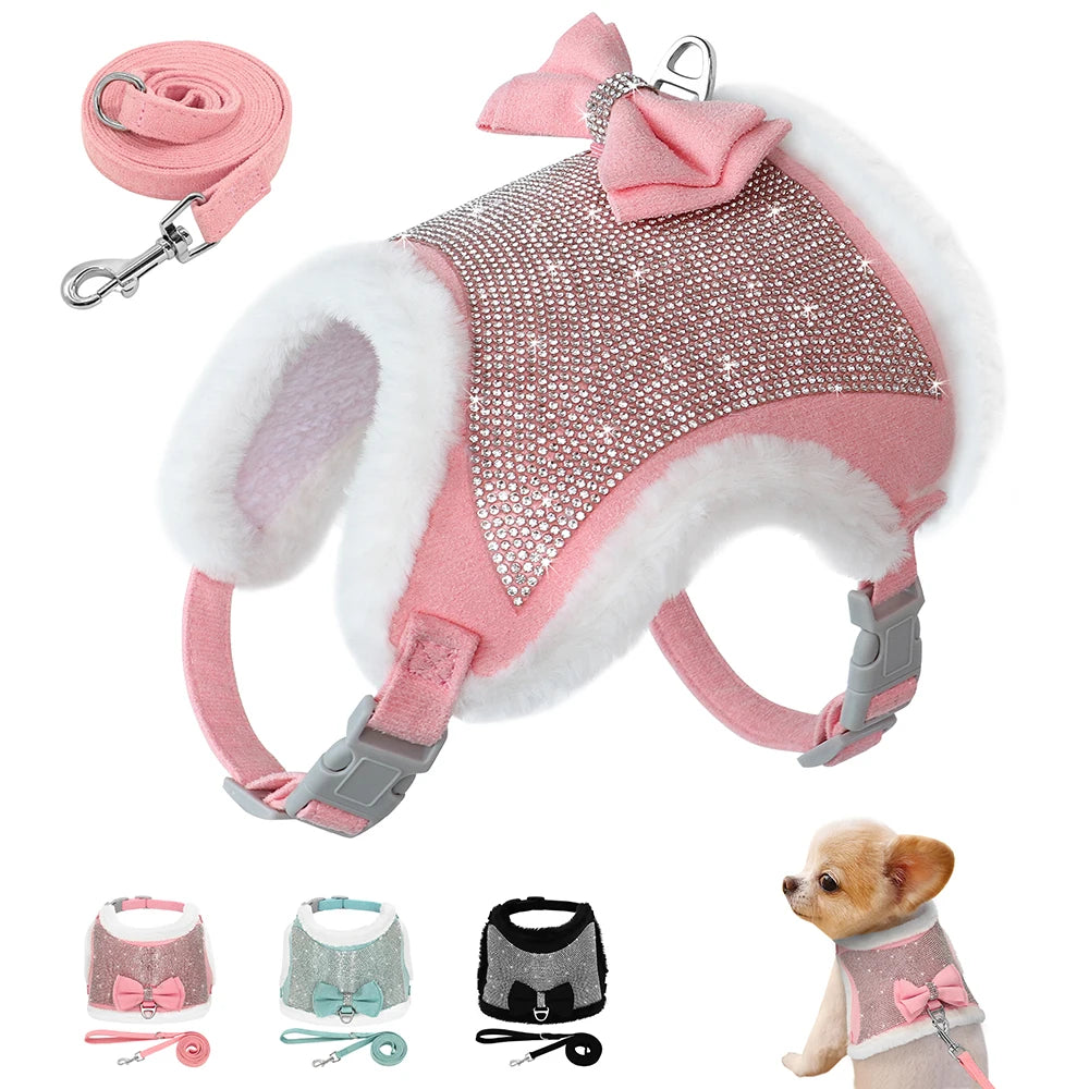 Strass-Hundegeschirr mit Leine Set - weiche Weste mit funkelnden Strasssteinen und Schleife für kleine Hunde

