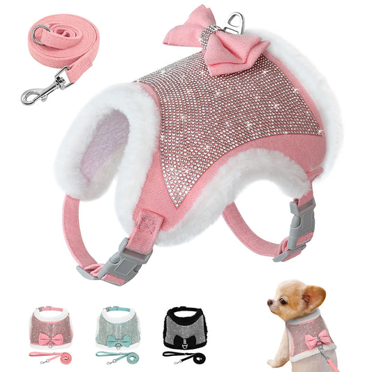 Strass-Hundegeschirr mit Leine Set - weiche Weste mit funkelnden Strasssteinen und Schleife für kleine Hunde

