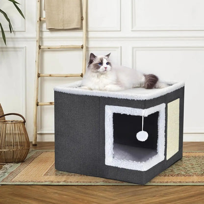 Katzenbett für Hauskatzen, großes Katzenhaus mit Kratzpolster, faltbares Katzenhöhlenbett und Versteckwürfel mit umkehrbarem Kissen Fellnasenliebe123