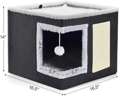 Katzenbett für Hauskatzen, großes Katzenhaus mit Kratzpolster, faltbares Katzenhöhlenbett und Versteckwürfel mit umkehrbarem Kissen Fellnasenliebe123