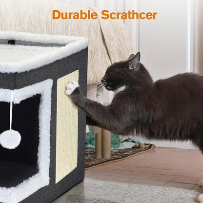 Katzenbett für Hauskatzen, großes Katzenhaus mit Kratzpolster, faltbares Katzenhöhlenbett und Versteckwürfel mit umkehrbarem Kissen Fellnasenliebe123