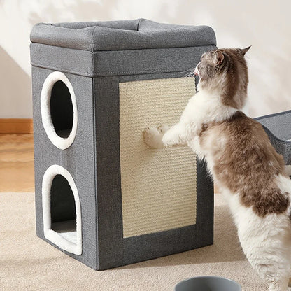 Premium Katzenhaus 3-stöckig mit Kratzbaum und Spielzeug - Gemütliche Katzenhöhle