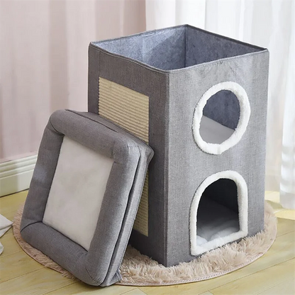 Premium Katzenhaus 3-stöckig mit Kratzbaum und Spielzeug - Gemütliche Katzenhöhle