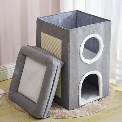 Premium Katzenhaus 3-stöckig mit Kratzbaum und Spielzeug - Gemütliche Katzenhöhle