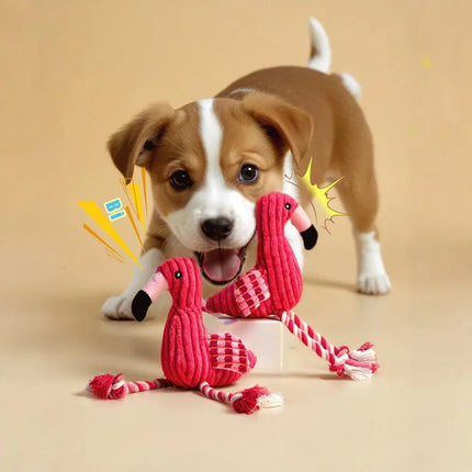 Flamingo Hundespielzeug mit Quietscher - Cord Kauspielzeug mit Seilknoten für Hunde