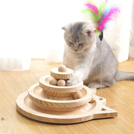 Katzen Intelligenzspielzeug Turm aus Holz – 2/3 Ebenen mit Ball-Tracks
