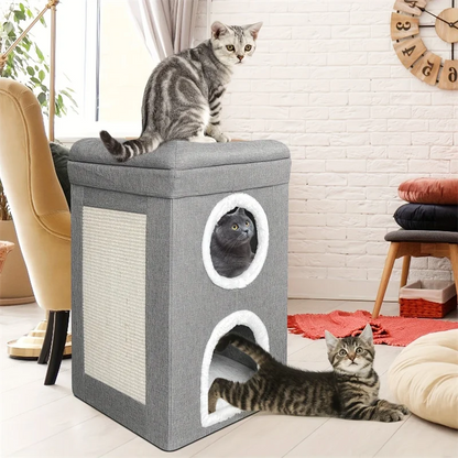 Premium Katzenhaus 3-stöckig mit Kratzbaum und Spielzeug - Gemütliche Katzenhöhle