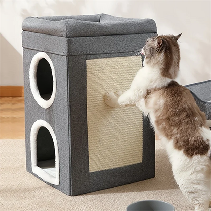 Premium Katzenhaus 3-stöckig mit Kratzbaum und Spielzeug - Gemütliche Katzenhöhle