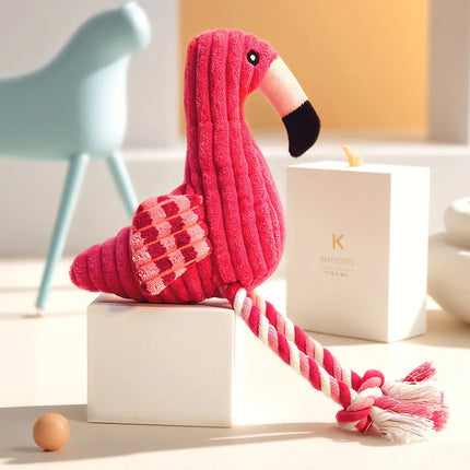 Flamingo Hundespielzeug mit Quietscher - Cord Kauspielzeug mit Seilknoten für Hunde