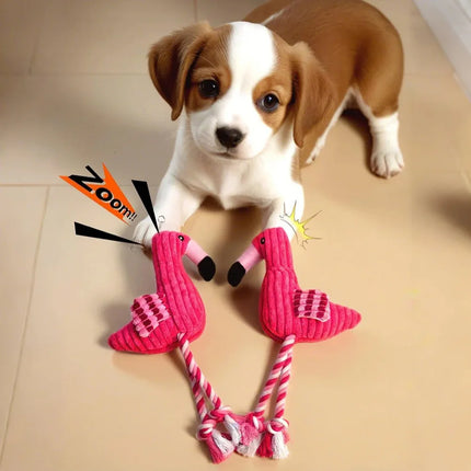 Flamingo Hundespielzeug mit Quietscher - Cord Kauspielzeug mit Seilknoten für Hunde