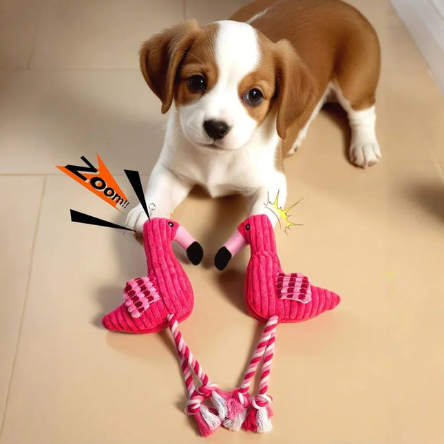 Flamingo Hundespielzeug mit Quietscher - Cord Kauspielzeug mit Seilknoten für Hunde