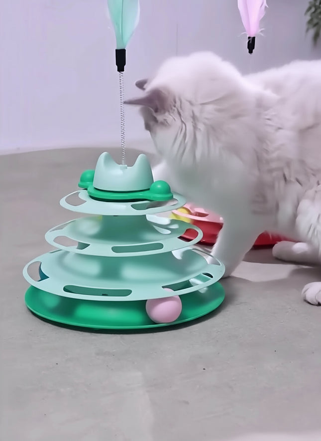 Katze Spielzeug Vier-schicht Rotierenden Track Ball Feder Stick Interaktive Für Katzen Spielzeug Raum Turm spiel bord Katze Spielzeug pet liefert Fellnasenliebe123