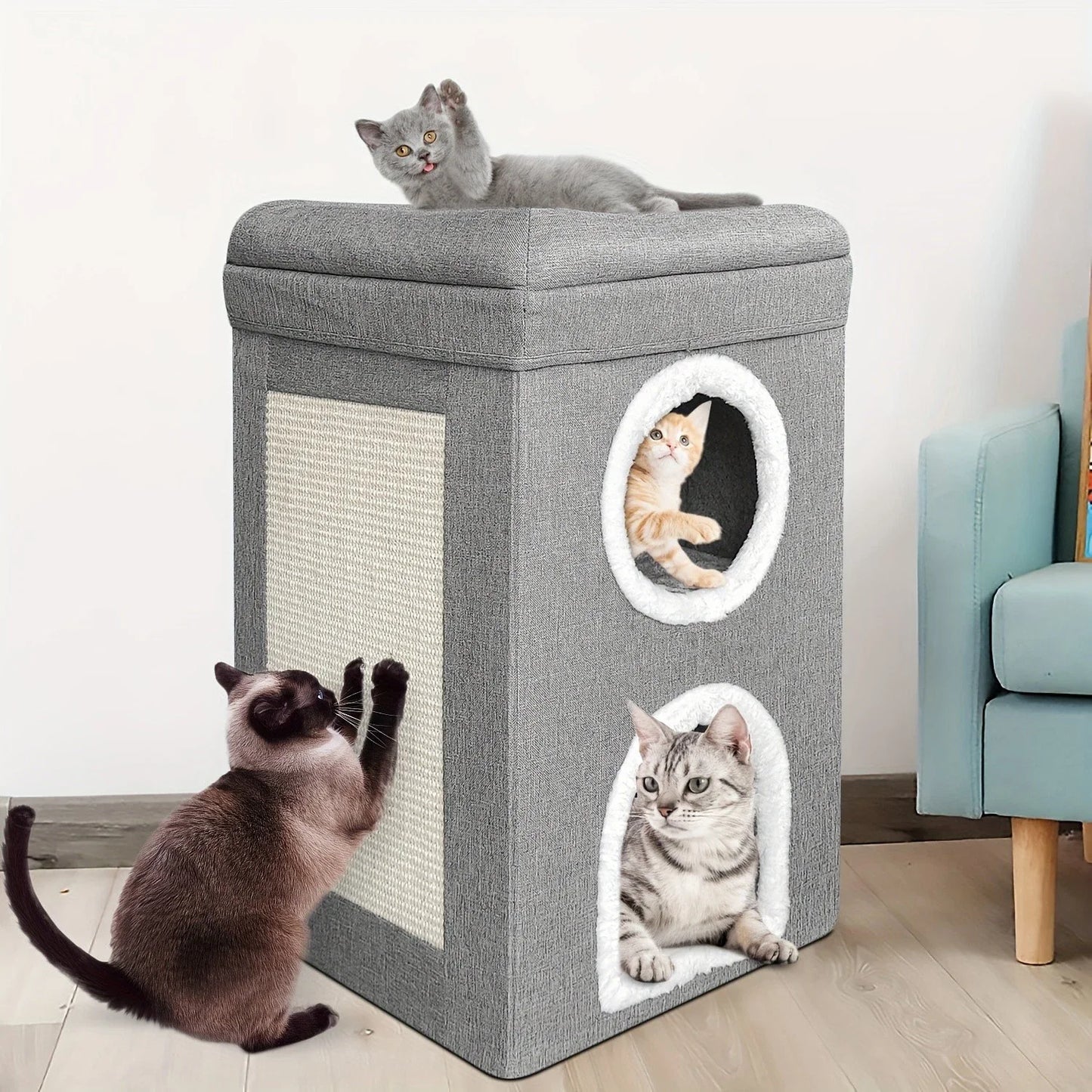 Premium Katzenhaus 3-stöckig mit Kratzbaum und Spielzeug - Gemütliche Katzenhöhle