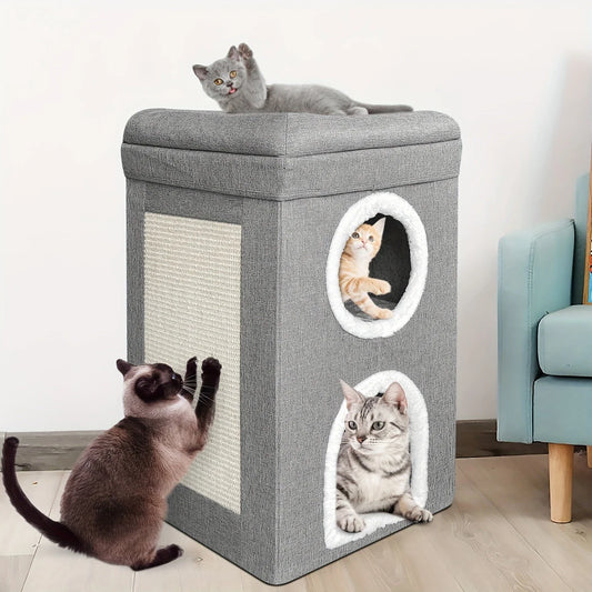 Premium Katzenhaus 3-stöckig mit Kratzbaum und Spielzeug - Gemütliche Katzenhöhle