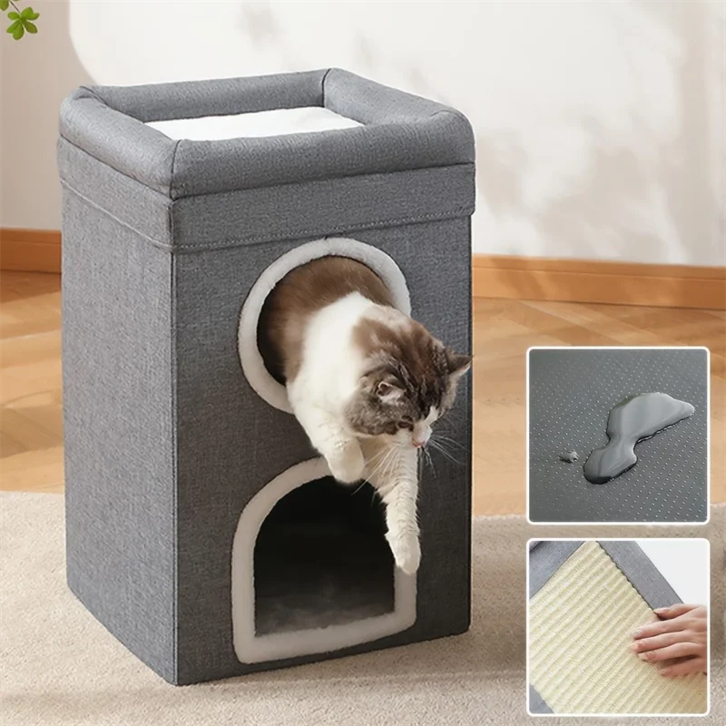Premium Katzenhaus 3-stöckig mit Kratzbaum und Spielzeug - Gemütliche Katzenhöhle
