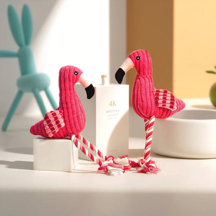 Flamingo Hundespielzeug mit Quietscher - Cord Kauspielzeug mit Seilknoten für Hunde
