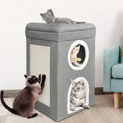 Premium Katzenhaus 3-stöckig mit Kratzbaum und Spielzeug - Gemütliche Katzenhöhle